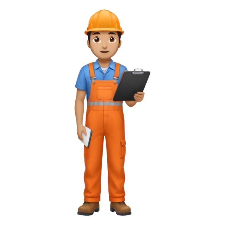 Indian male railway engineer orange overalls, boots holding a clipboard back view sticker