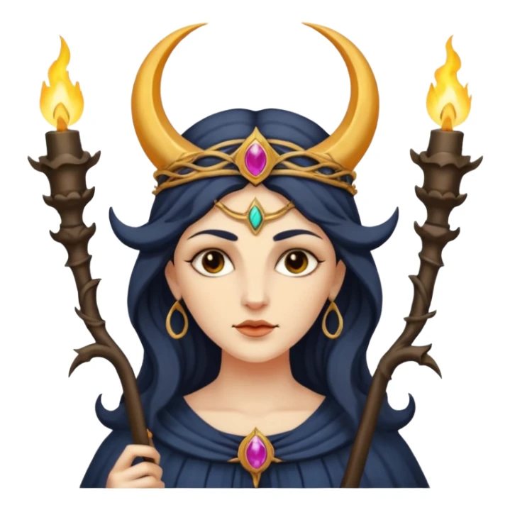 The goddess Hecate with 3 heads holding two torches the front head with a crescent moon on forehead sticker