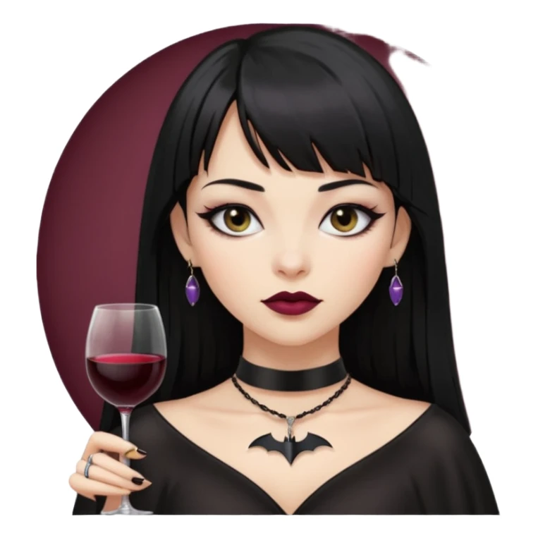 mulher cabelos pretos longos e lisos com uma franja curta acima dos olhos, olhos pretos com delineado, expressão séria, com um sorriso sensual e lábios cor de vinho, ela usa uma gargantilha preta com um pequeno pingente de morcego preto sticker