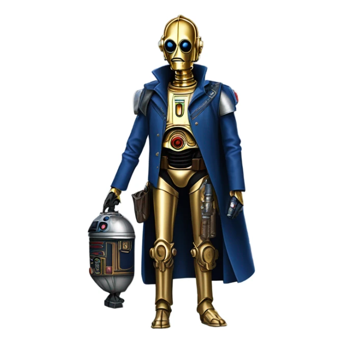 human-sized darkblue-pearl friendly bounty hunter c3po droid wearing leather wild west duster, backpack, saddlebags holding light saber ready to fight but relaxed. antique sticker