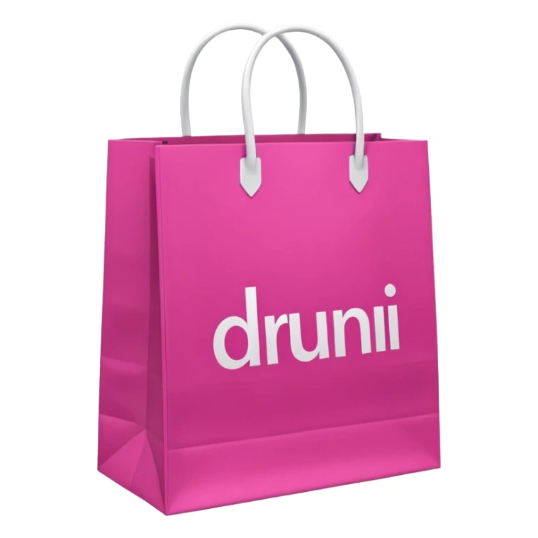 Fuchsia pink paper bag with white handles, repeating 'DRUNI' pattern in light pink and a large vertical 'DRUNI' in bold white letters in the center, iOS emoji style, shiny and realistic. sticker