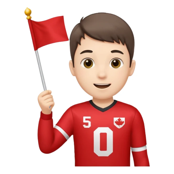 A boy in a jersey, excitedly lifting a small handheld flag. sticker