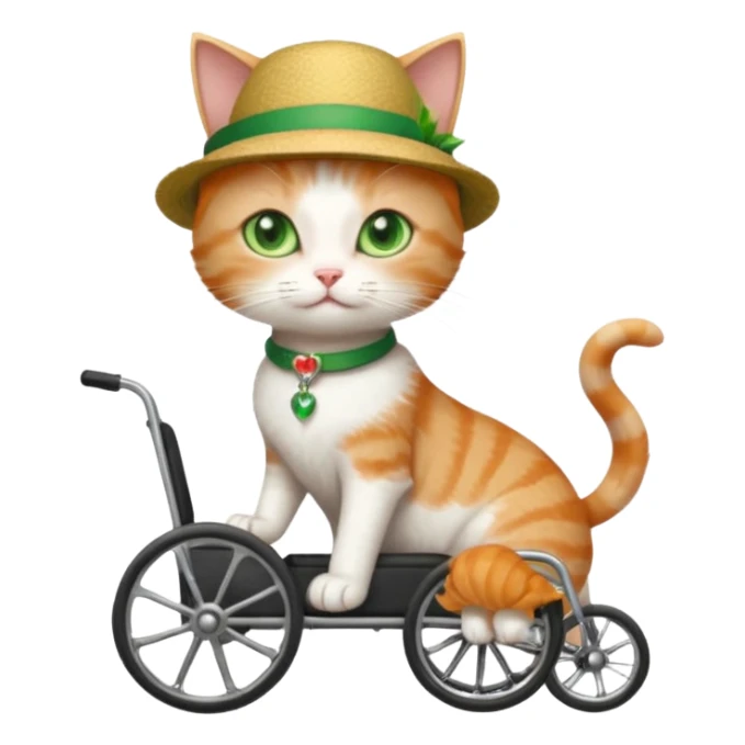 full body small short hair ginger and white cat with green eyes walking in a wheelchair for cats sticker
