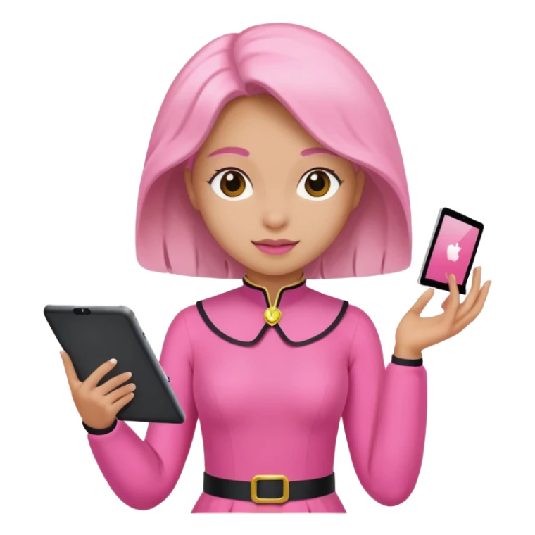 woman with pink costume with tablet sticker