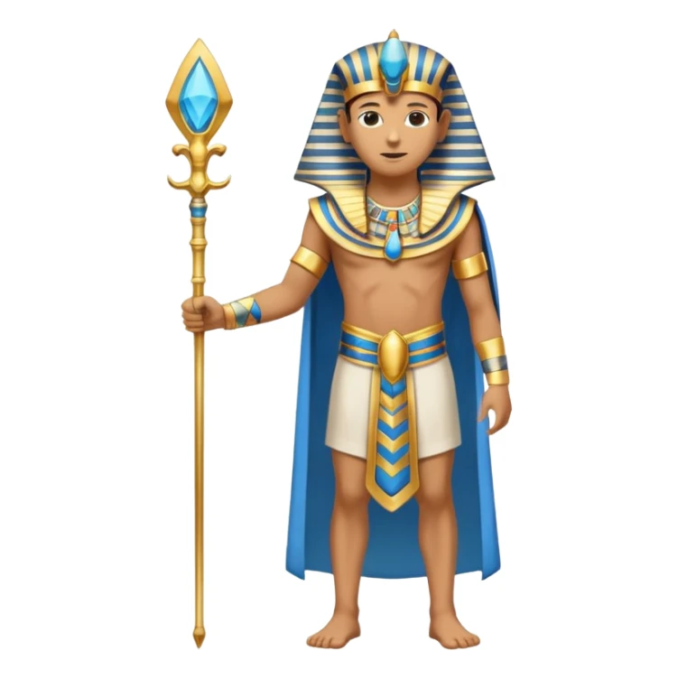 pharaoh full body standing with scepter, gold and blue nemes headdress, traditional Egyptian robe sticker
