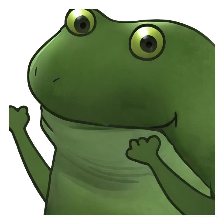 frog meme character doing a goofy dance, arms up, funny face sticker