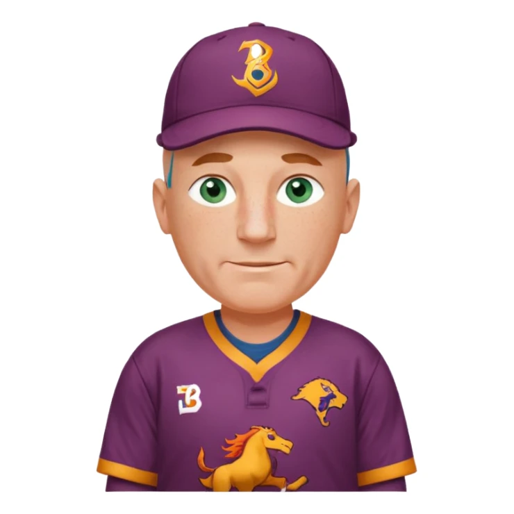 young-ish 50 year old man dressed in a brisbane broncos jersey, bald head, fair freckled skin, happy face, blueish green eyes, wearing brisbane broncos baseball style cap, picture should be down to waist, hands on hips in a player stance sticker