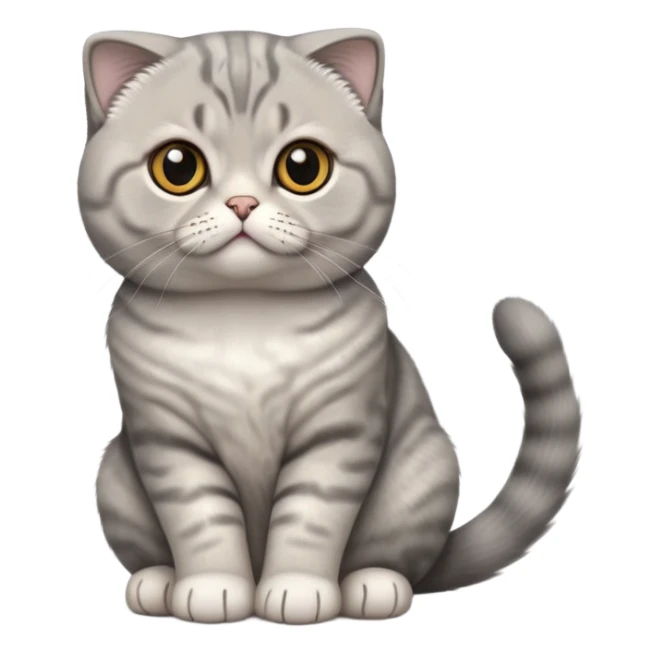 Cinematic-Scottish-Fold-Cat-Realistic-Full-Body-Sitting-Emoji – Tail curled playfully around its paws, head tilted dramatically, thick and plush solid-grey fur, signature folded ears resting gently against its round head, simplified yet realistic focused features, highly detailed, glowing with an almost sarcastic glow, deep amber eyes radiating quiet wisdom and charm. sticker