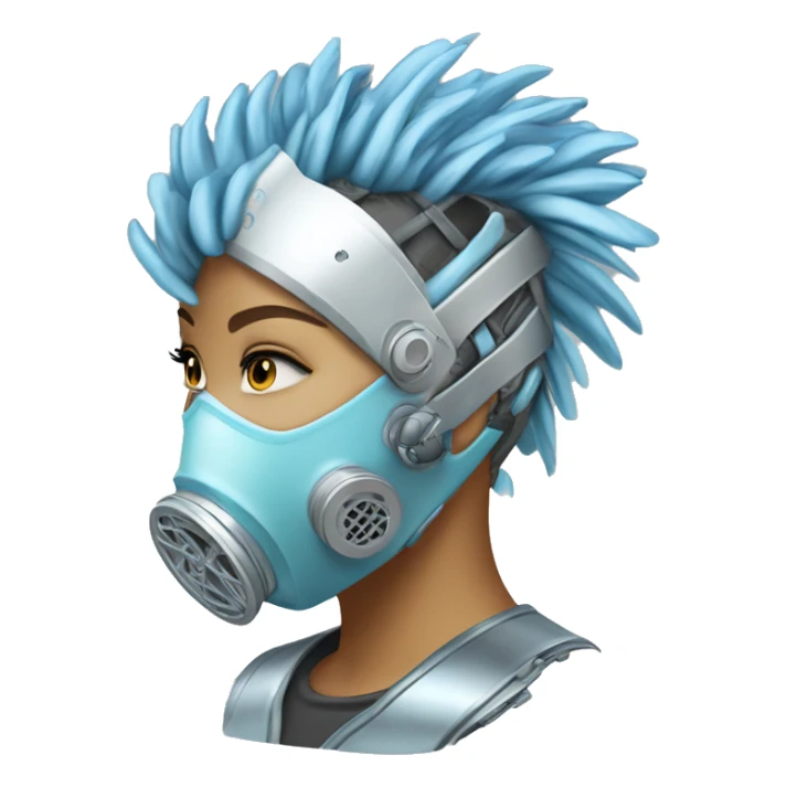 Light blue Mohawk female cyborg head with silver respirator mask and circuits sticker