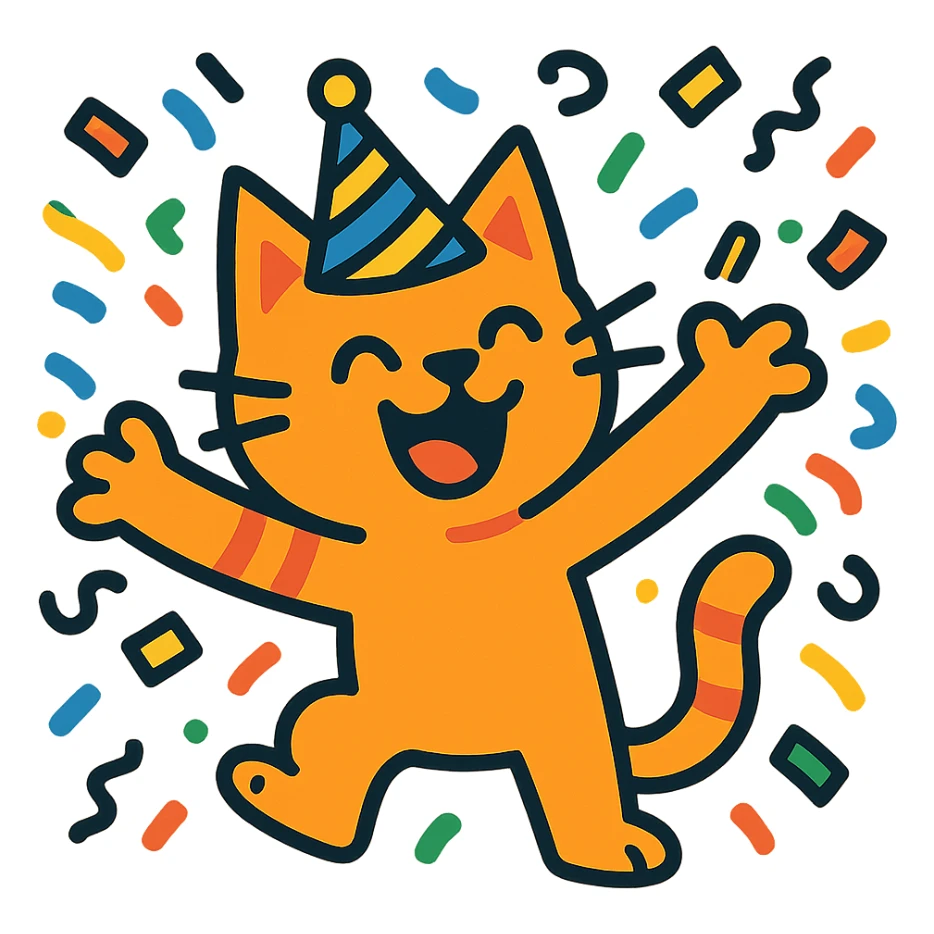 a cat throwing confetti, wearing a party hat, vibrant cartoon style sticker