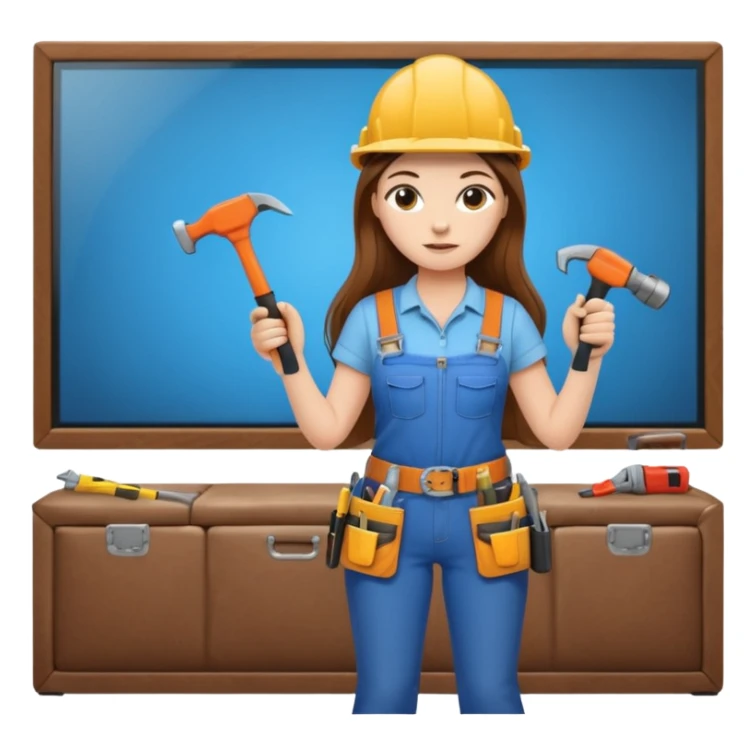 beautiful girl with long brown hair constructing new lounge room area with flat screen tv and couch sticker