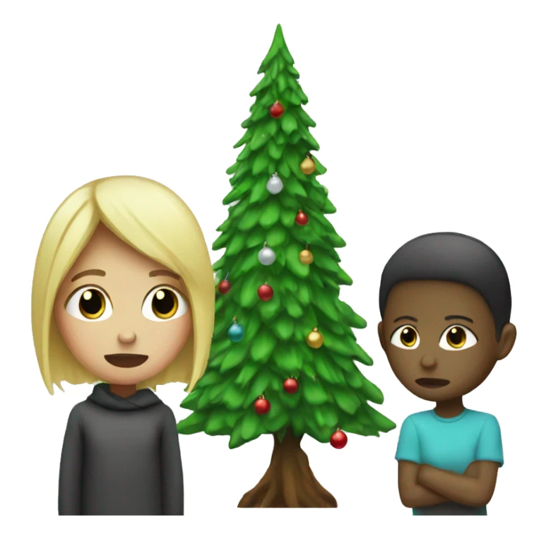 Blonde girl crying next to skinny Christmas tree sticker