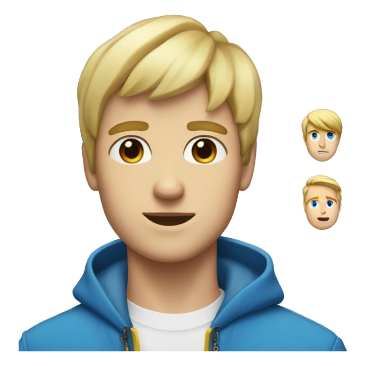 A blonde guy with 2 bangs,left eye blue,right eye yellow,a big white shirt,a yellow coat with a big blue flower shape crystal in the middle of the coat sticker