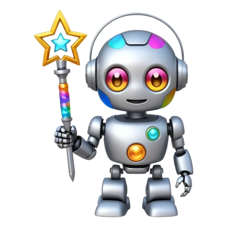 A cute robot is holding a magic wand, magic, emoji sticker
