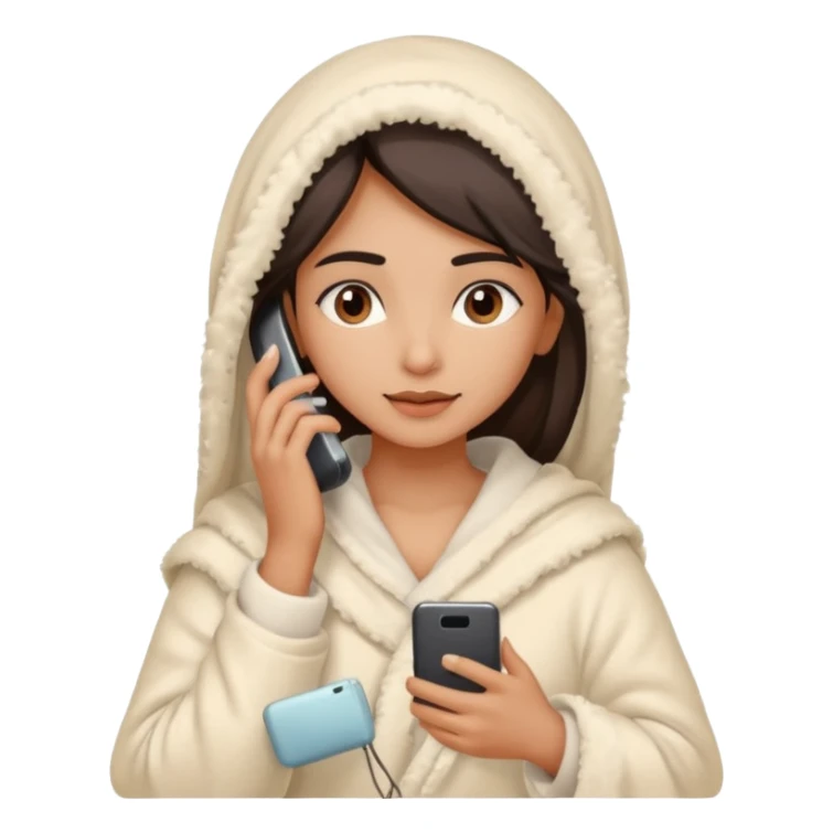 a pretty bratz fair indian girl covered in blanket, wearing beige pajamas, using phone sticker