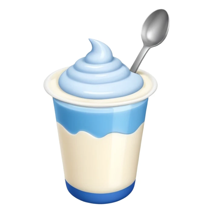 A 3D cartoon yogurt cup with a spoon, creamy white top. sticker