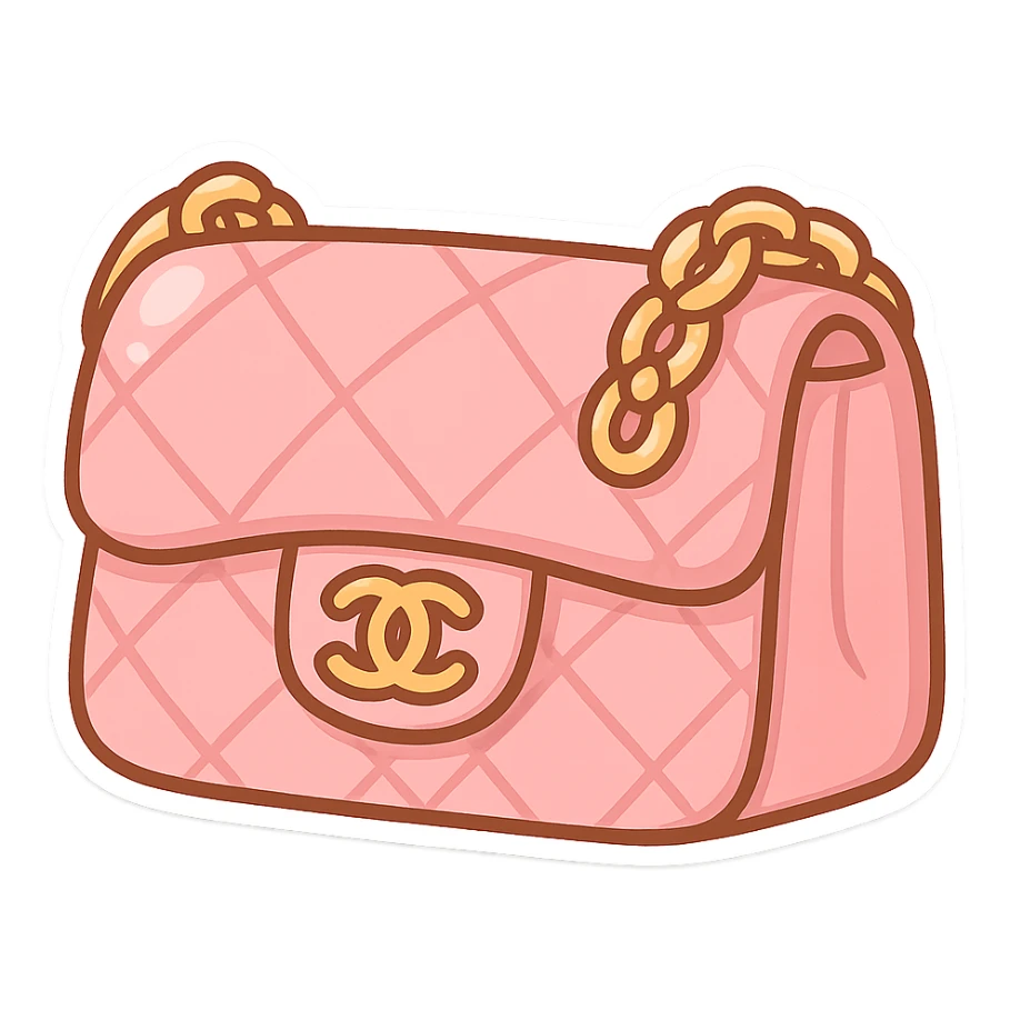 pink Chanel purse, chibi stickers style, cute and exaggerated sticker