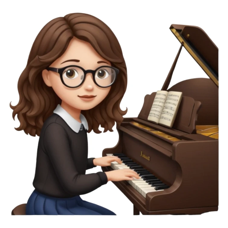 girl brown hair wavy. round glasses eye. playing piano sticker