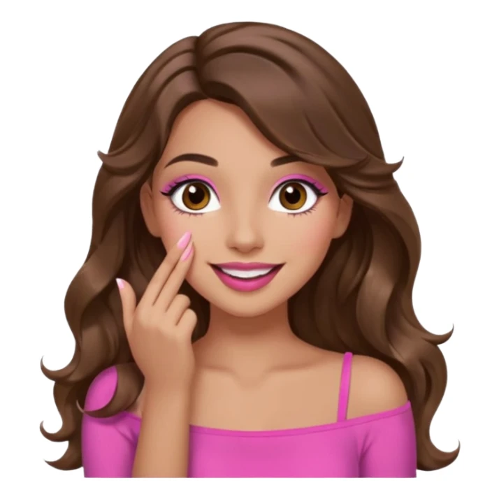 girl with long wavy brown hair, brown eyes, long lashes makeup, pink lips, light to medium complexion, pink sexy top, smiling, hand covering mouth sticker