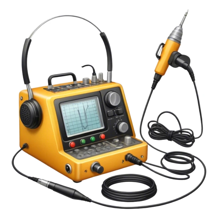 A photorealistic icon featuring a ham radio transceiver, headphones, microphone, antenna, radio equipment like soldering tools and cables, soldering iron in use. The design includes detailed textures and realistic lighting. Transparent background. sticker