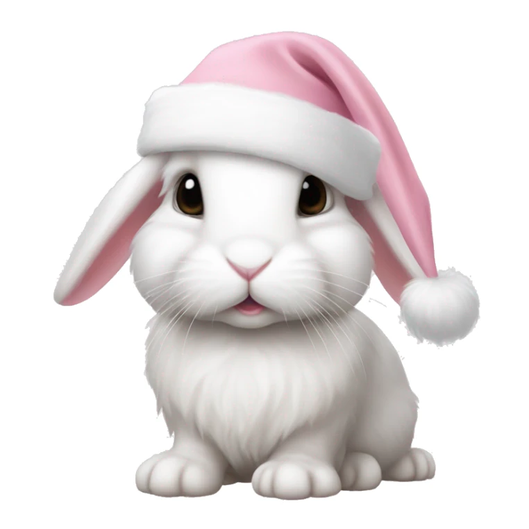 White mini lop rabbit in a light pink Santa hat sticker