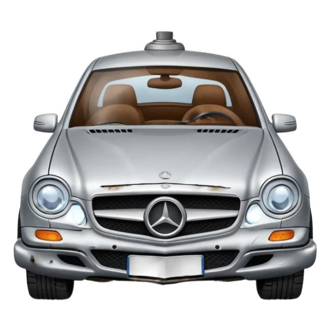 a broken mercedes with steam coming from below the bonnet sticker