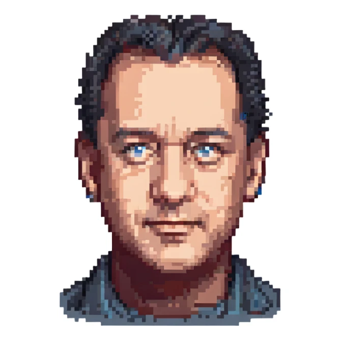 pixel art portrait of Tom Hanks, recognizable features, neutral background sticker