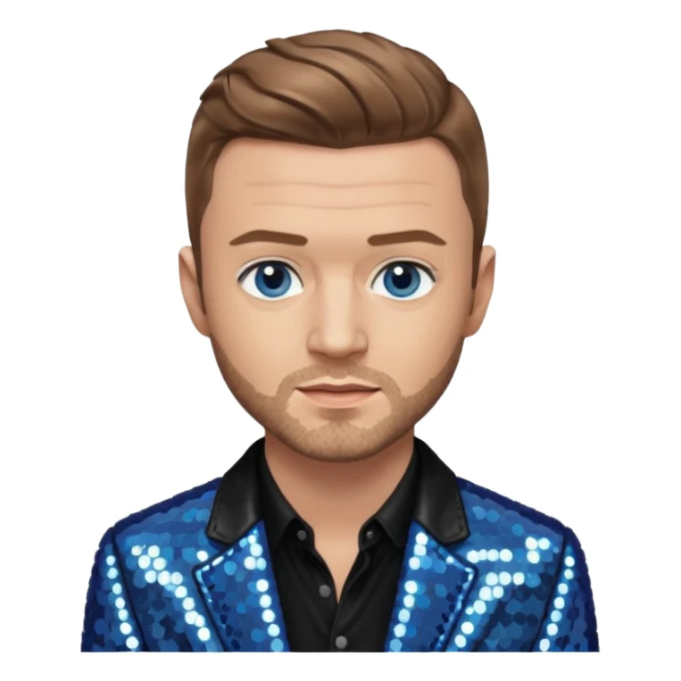 Justin Timberlake with light brown hair, gray sequin jacket, black shirt, blue eye, light skin sticker