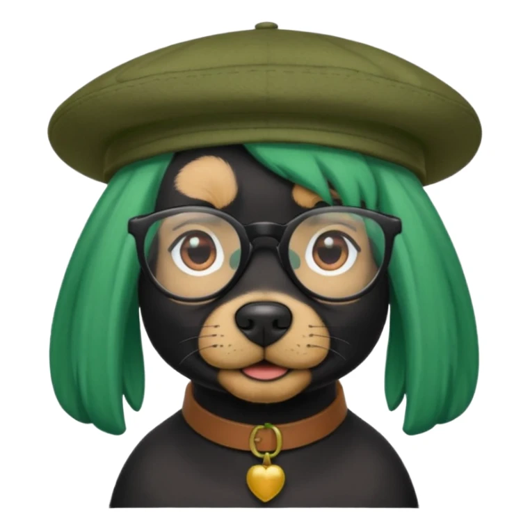 fully black dog, green haired, glassess and a hat sticker