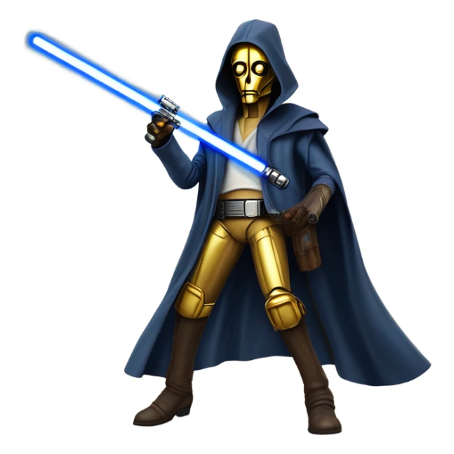 bounty hunter tarnished undercover tough well-equipped Jedi  life-sized darkblue-pearl C3po leather vest clothing pants and vest old west duster coat holding light saber sheriff sticker