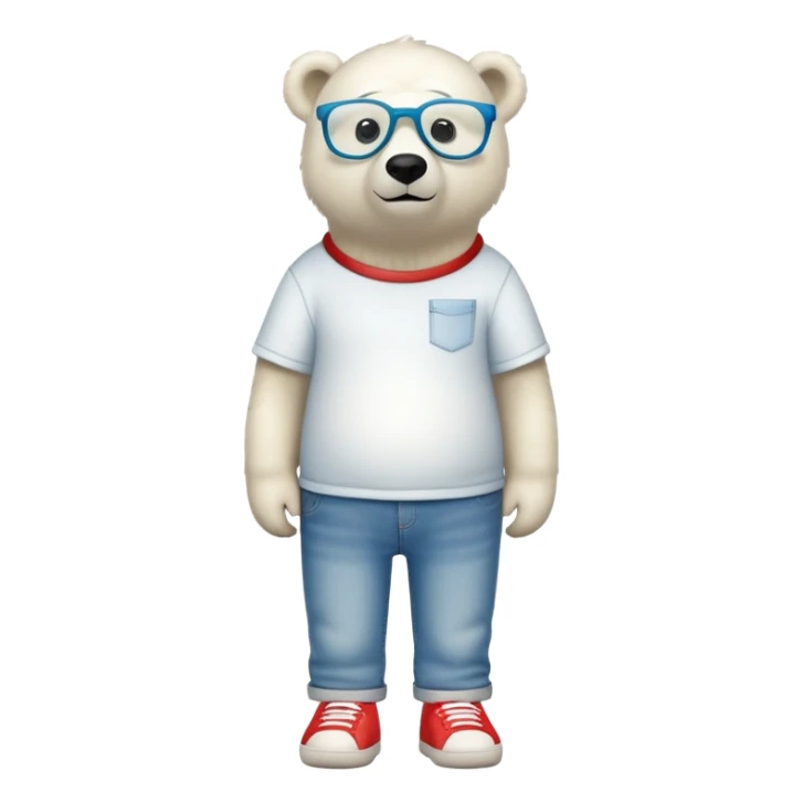 friendly anthropomorphised polar bear standing upright, looking relaxed, wearing a shirt, jeans, trainers, oversized multicolored extravagant glasses sticker