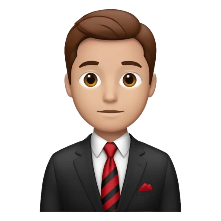 man wearing a suit with black horizontal stripes and a red tie sticker