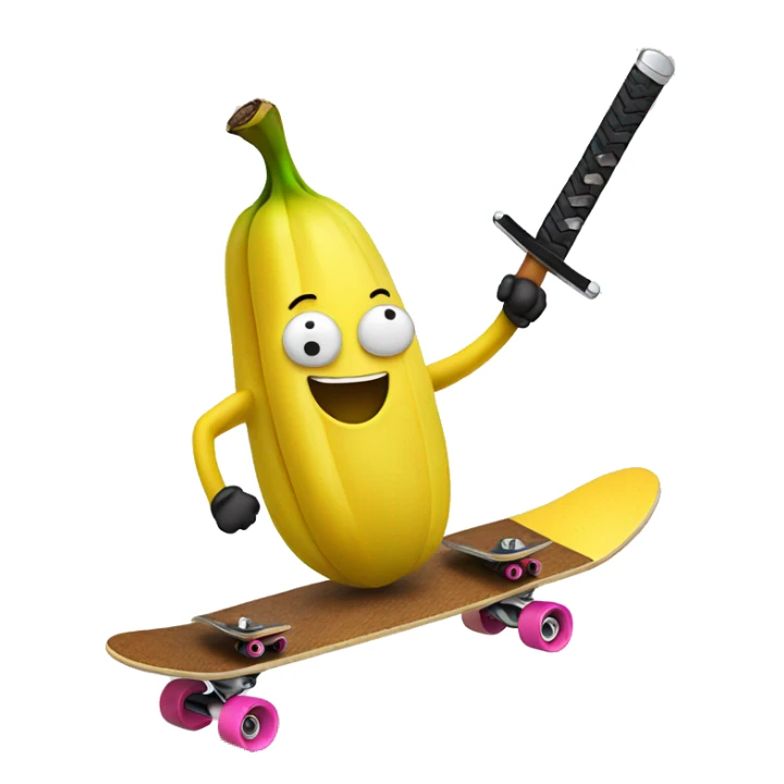 Banana on a skateboard with a samurai sword sticker