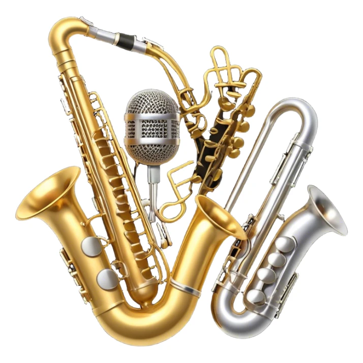 Create an artistic and dynamic emoji representing jazz vocal performance, featuring a vintage microphone as the central focus. Surround the microphone with traditional jazz instruments, such as a saxophone, trumpet, and upright bass, arranged in a harmonious, flowing design. Add musical notes and sound waves emanating from the microphone to symbolize the improvisational and expressive nature of jazz vocals. The instruments should have a polished, classic appearance with metallic gold and silver accents. Use rich colors like deep black, gold, and burgundy to evoke the sophisticated and soulful atmosphere of a jazz club. The background should be transparent. sticker