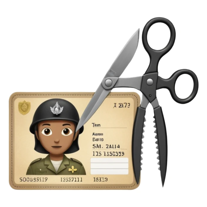 Floating black Scissors cutting in half an idf soldier ID card with a little chip in 2 parts sticker