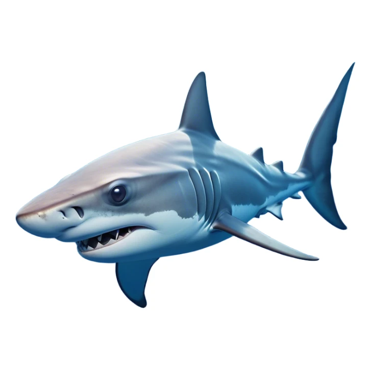 Cinematic Noble Hammerhead Shark Portrait Emoji, Poised and regal, with a broad, flattened hammer-shaped head, wide-set eyes, and a streamlined, powerful body gliding through deep blue waters, Simplified yet sharp and sophisticated features, highly detailed, glowing with a cool, oceanic luminescence, high shine, intelligent and commanding, stylized with an air of marine authority, focused and vigilant, soft glowing outline, capturing the essence of a watchful and confident predator that appears ready to glide out of the screen with effortless power! sticker