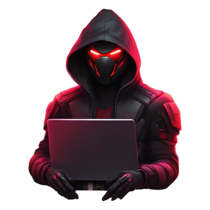 developer behind his laptop with this style : crysis Cyberpunk Riot Games Valorant neon glowing bright red character red dark black hooded assassin themed character sticker