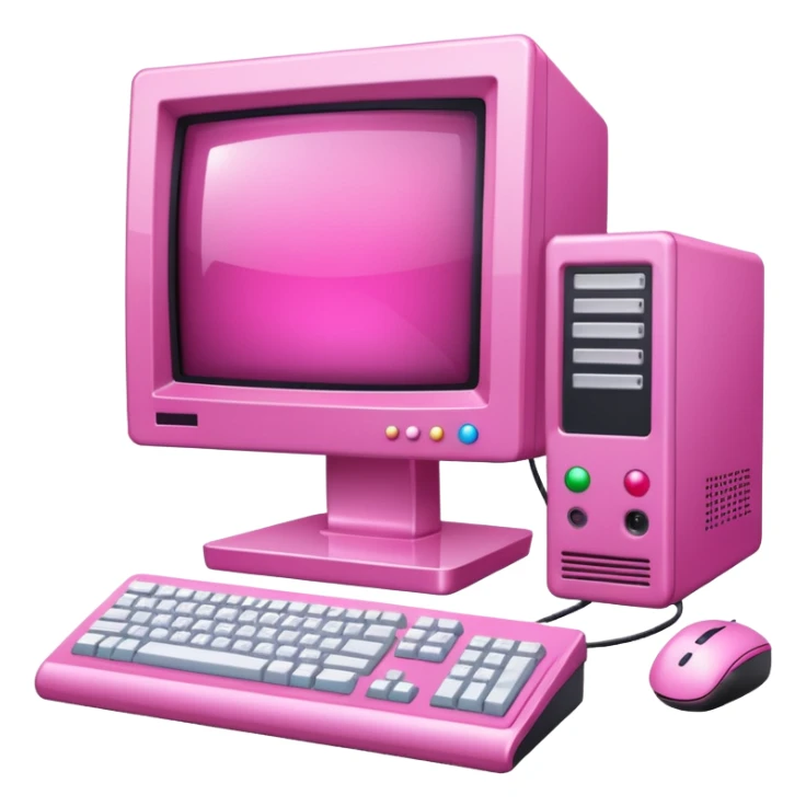 shiny pink transparent sparkly 90s computer with CRT monitor, keyboard, PC tower, mouse sticker