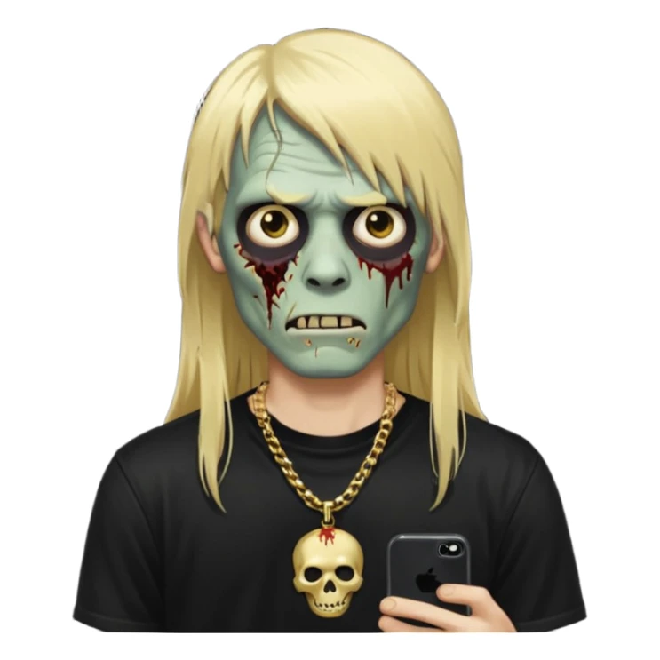 make a iphone emoji who is a zombie man with long blonde hair with bangs, with a black punk shirt and a golden neckless sticker
