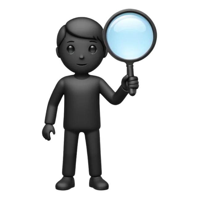 3D icon of a minimal human silhouette holding a magnifying glass, exploration concept, simple geometric form, modern UI style, single object, soft lighting, isolated, no background sticker