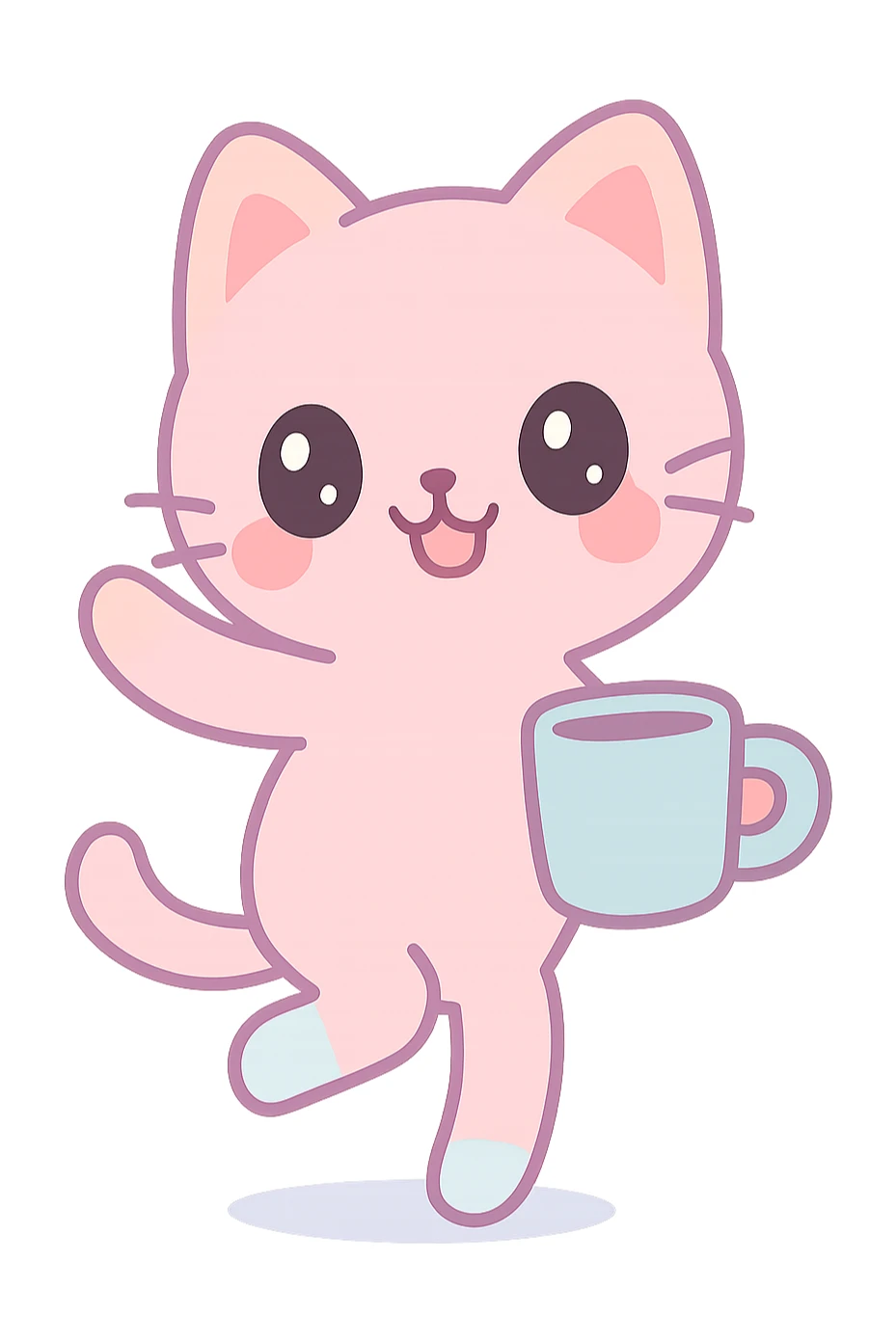 kawaii style anthropomorphic cat dancing with a coffee mug sticker