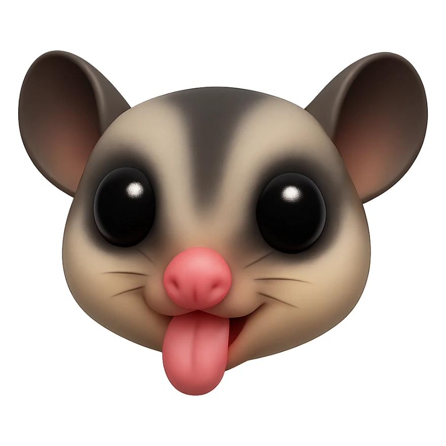 Edit the image to keep only the sugar glider's head with its tongue out, removing the body, tail, and paws. The style should resemble the 3D emoji style with a transparent background. sticker