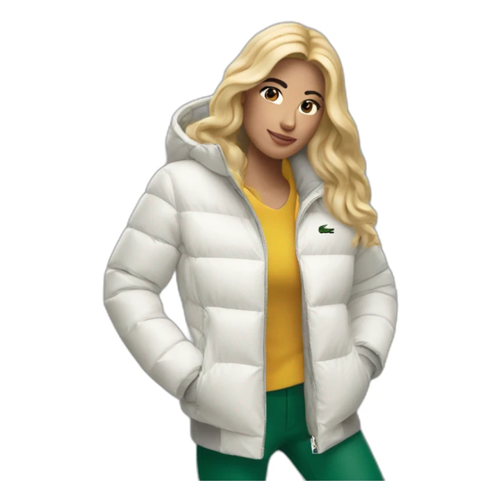 blond latina woman using Lacoste puffer jacket sticker