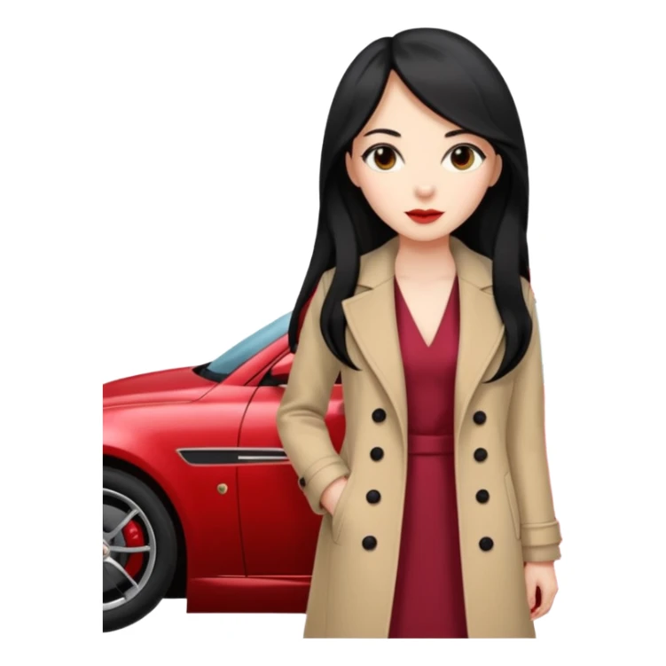 A fast, expensive black car with a young woman beside it The young woman has long black hair, wears a beige formal coat, and underneath is a cherry-colored dress.   sticker