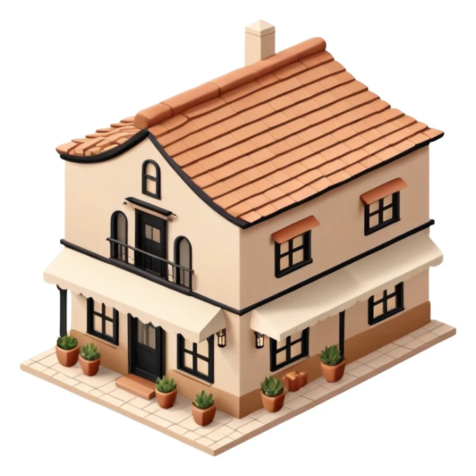 Isometric exterior little black, beige, and white southwestern restaurant, dollhouse style 3D realistic  sticker