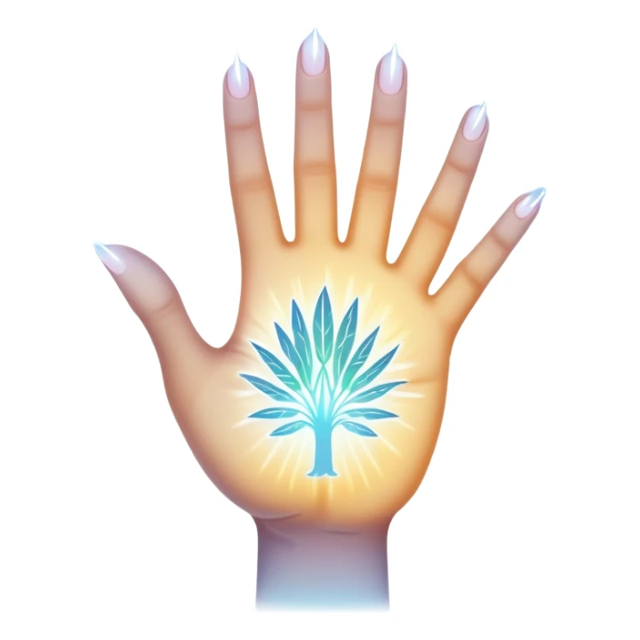ethereal glowing hand with intricate symbolic palm lines, radiating mystical energy sticker