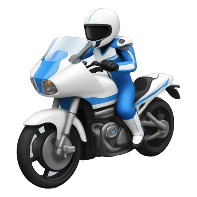 White motorcycle with guy with blue and black helmet sticker