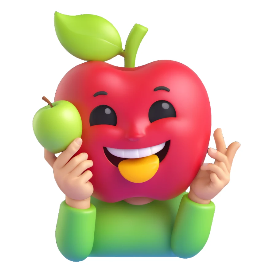 cheerful face holding a bitten apple, glossy and colorful, playful expression sticker