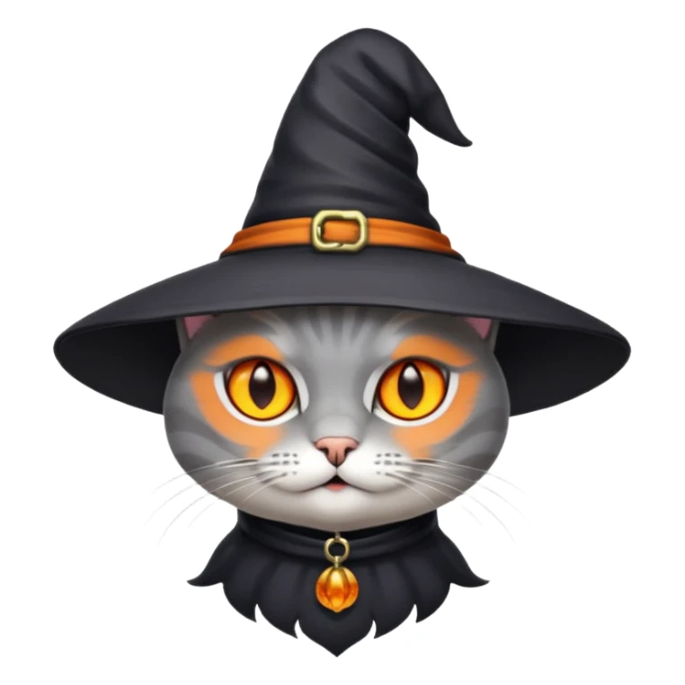 Grey cat with orange eyes with witch hat sticker