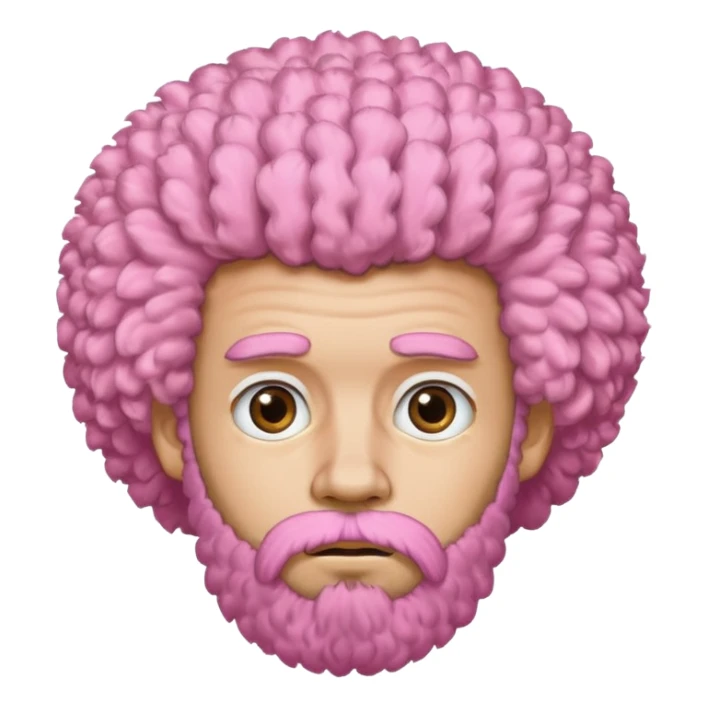 A light-skinned man with a fluffy pink afro, brown eyes, a beard, and a slightly uneasy expression. sticker